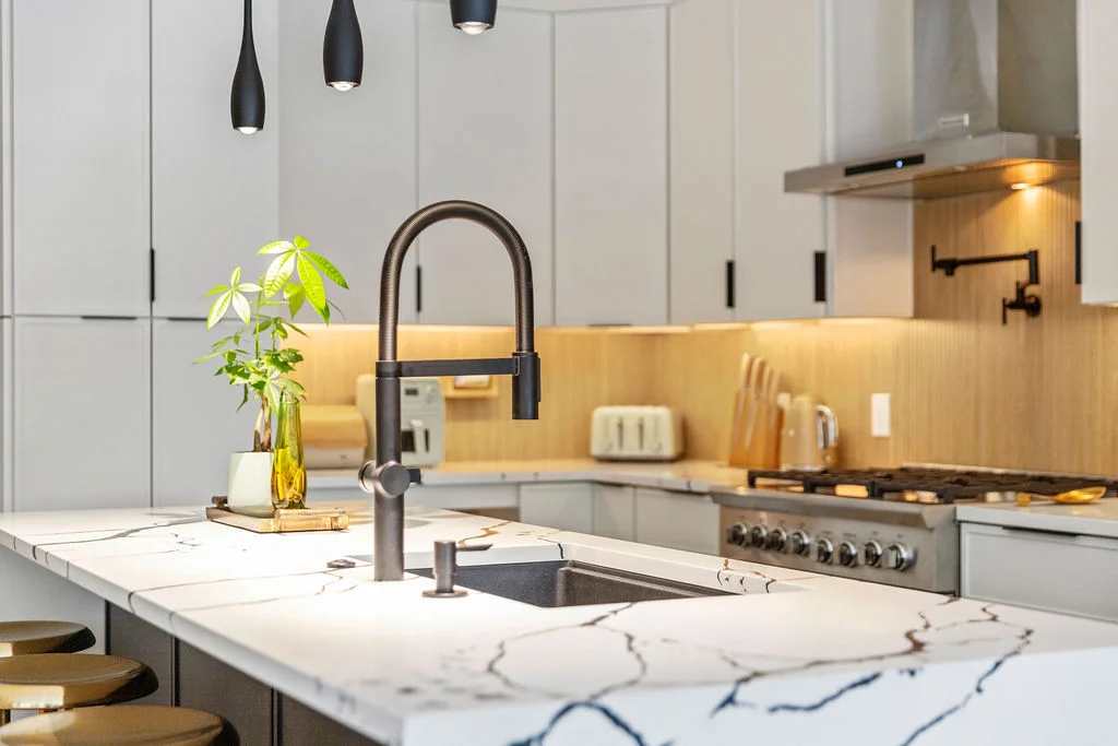Kitchen remodel with marble waterfall island — Wileo Road Atlanta